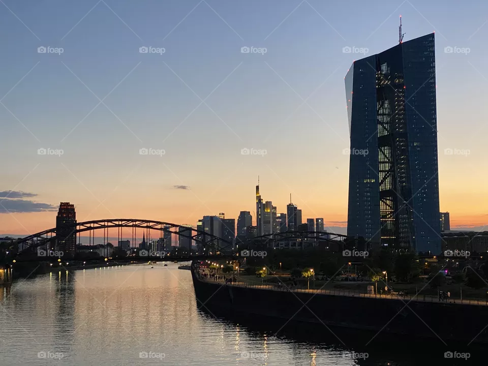 Sunset in Frankfurt with Skyline as background 