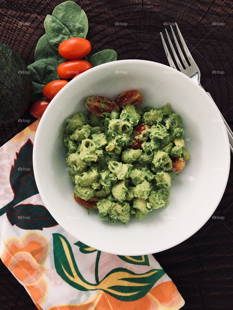 Avocado pasta flatlay