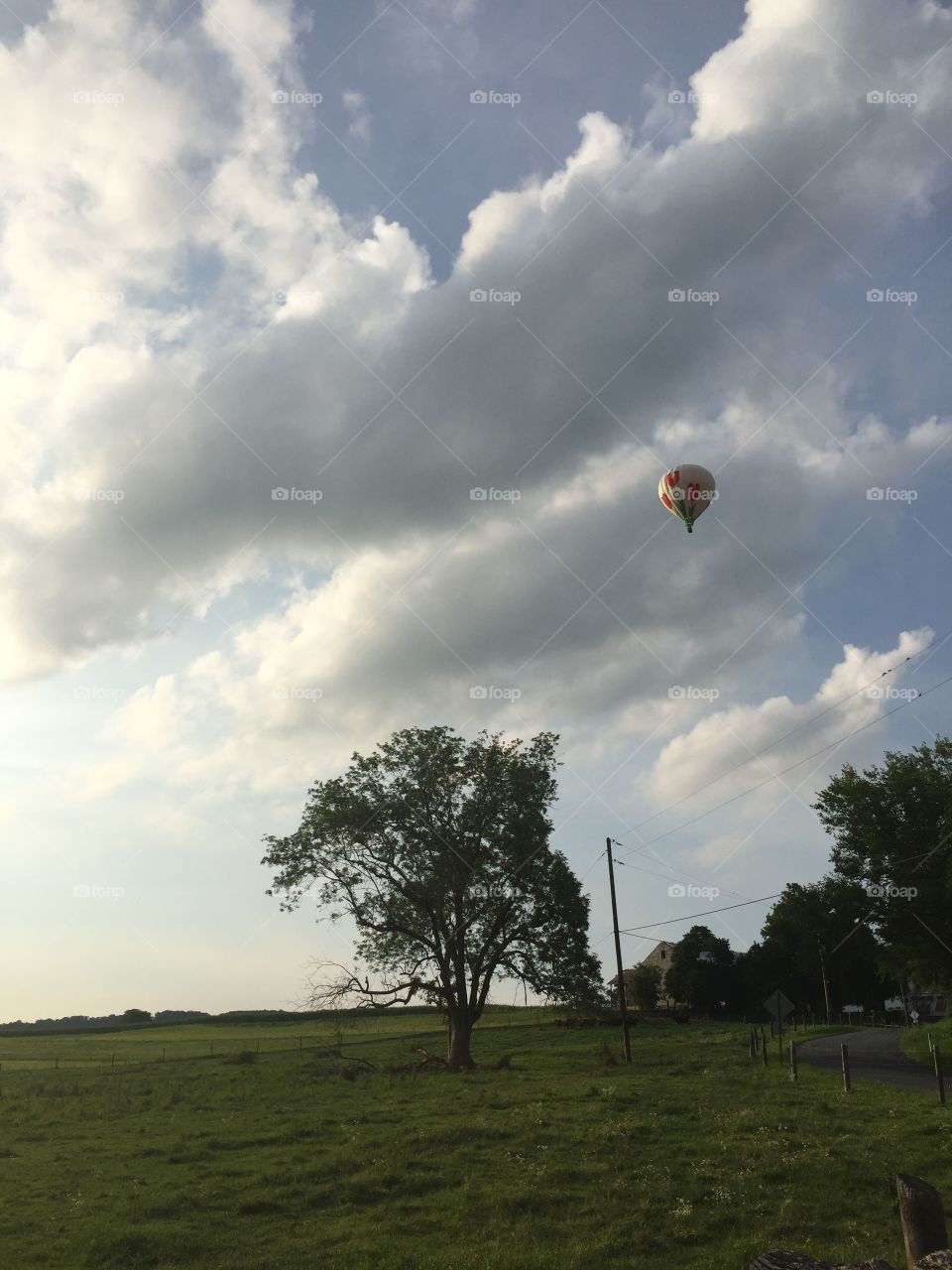 Hot air balloon over Pennsylvania countryside. 