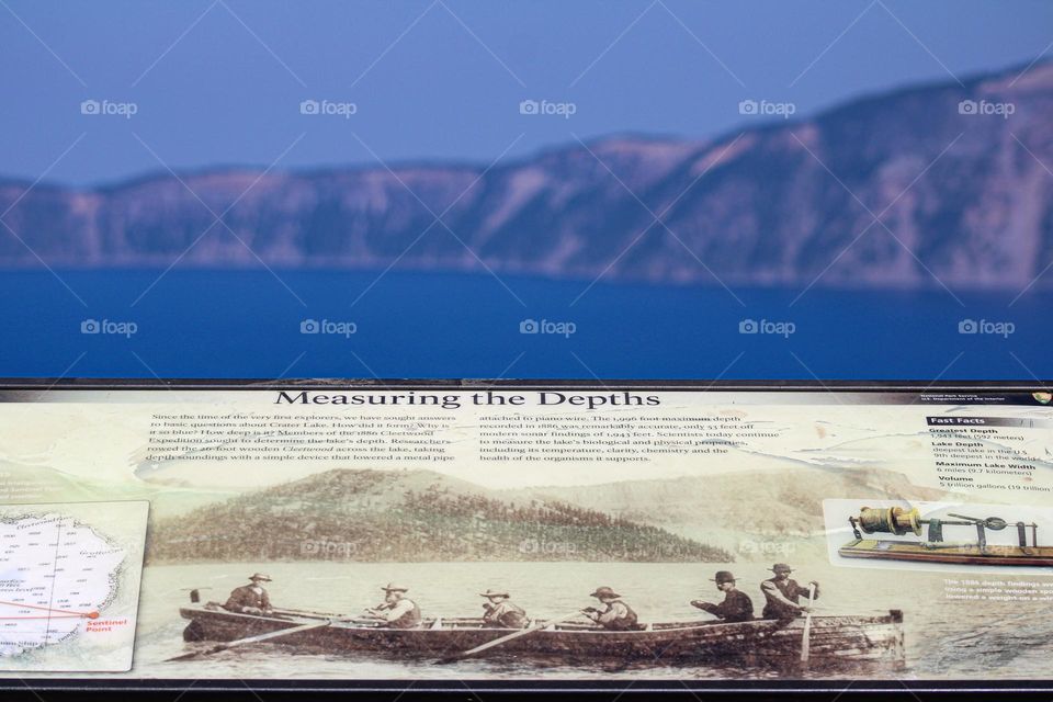 Measuring the Depths sign posted up at Crater Lake National Park in Southern Oregon