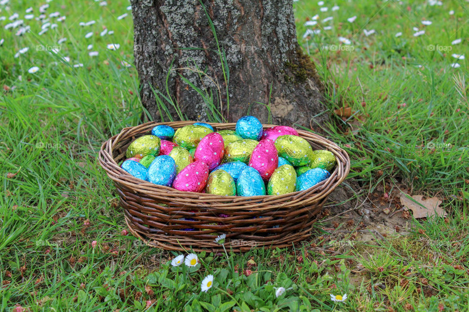 Basket of Easter eggs in the garden
