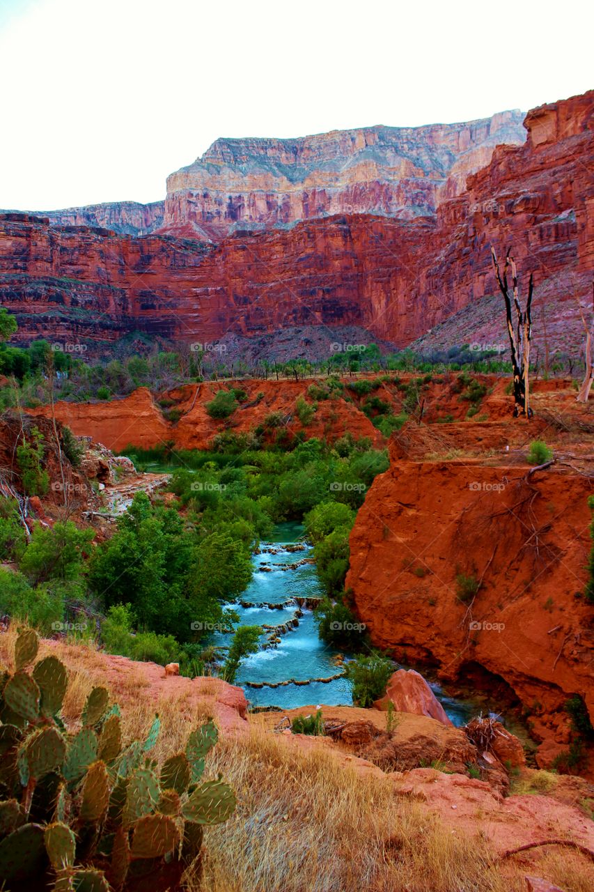 Stream passing through red rocky mountain