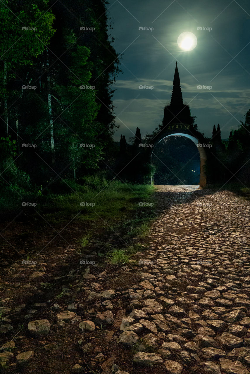 unseen shot of full moon above pagoda gate