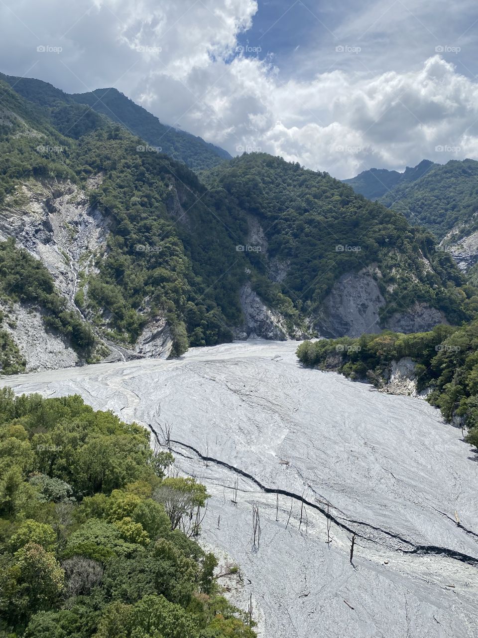 The river bank along the valley.