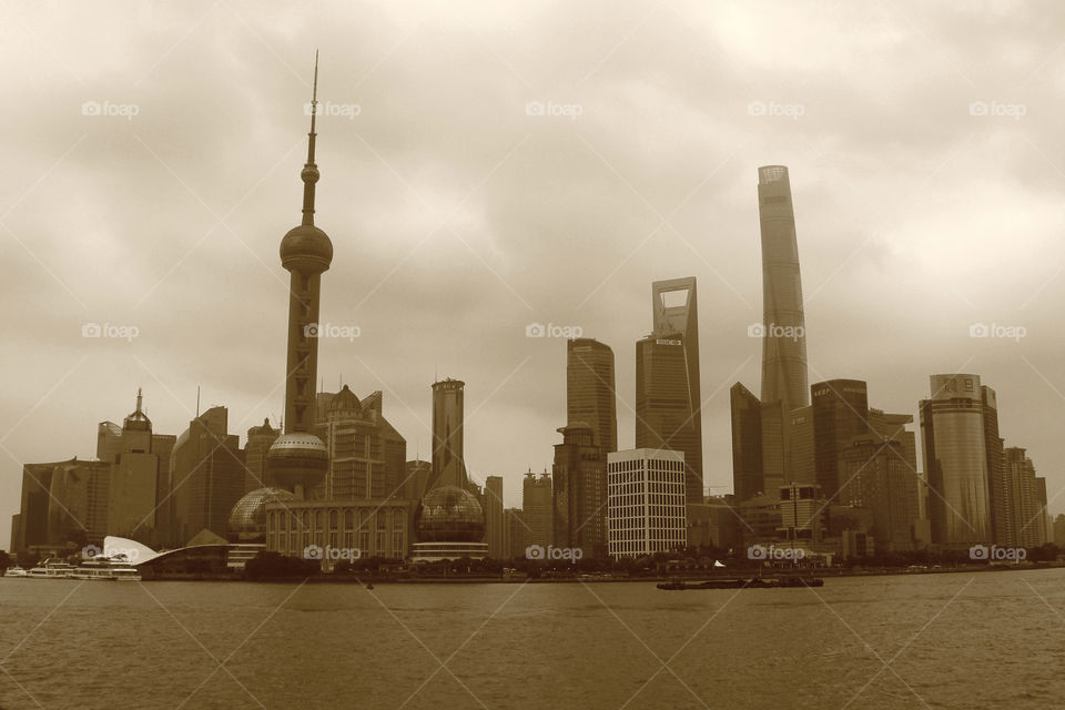 the bund in sepia. Thee bund skyline in sepia, shanghai, china.