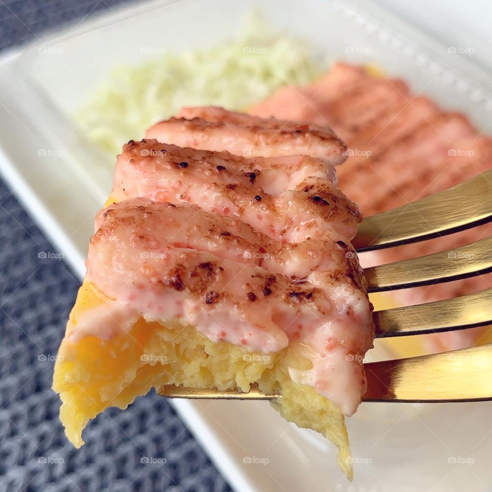Mentaiko feast with salmon, spicy chicken, tamago and fries 
