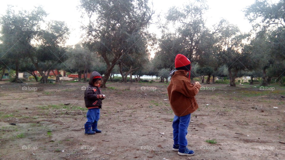 Two boys waiting for their father in an olive grove