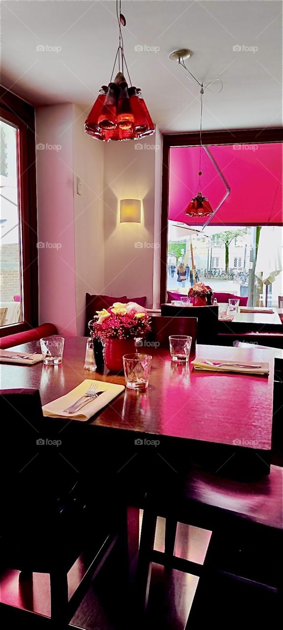 This is a restaurant by the “DEUTSCHES THEATER”, the “GERMAN THEATER” in “Munich”, Bavaria that currently features the show “FALCO” about the Viennese pop star singer of 1980s fame with “Rock me Amadeus” and “Kommissar”. 2024. Hypnotic Productions