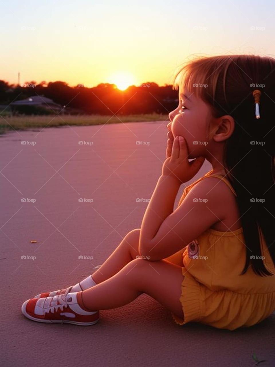 A little girl contemplates the sunset