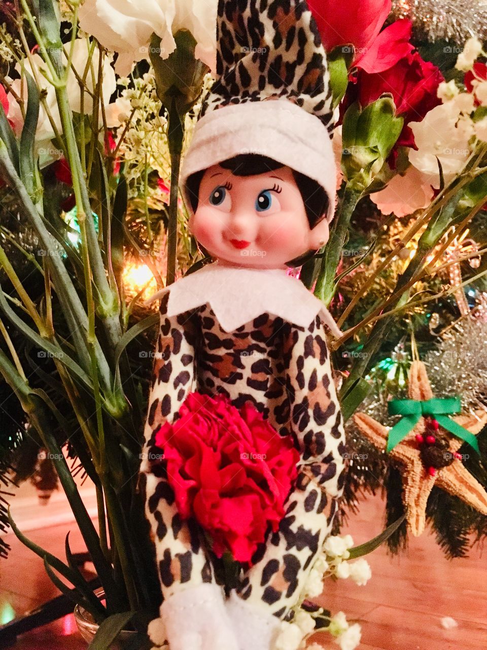 Naughty elf in leopard print hiding in the red and white carnations 