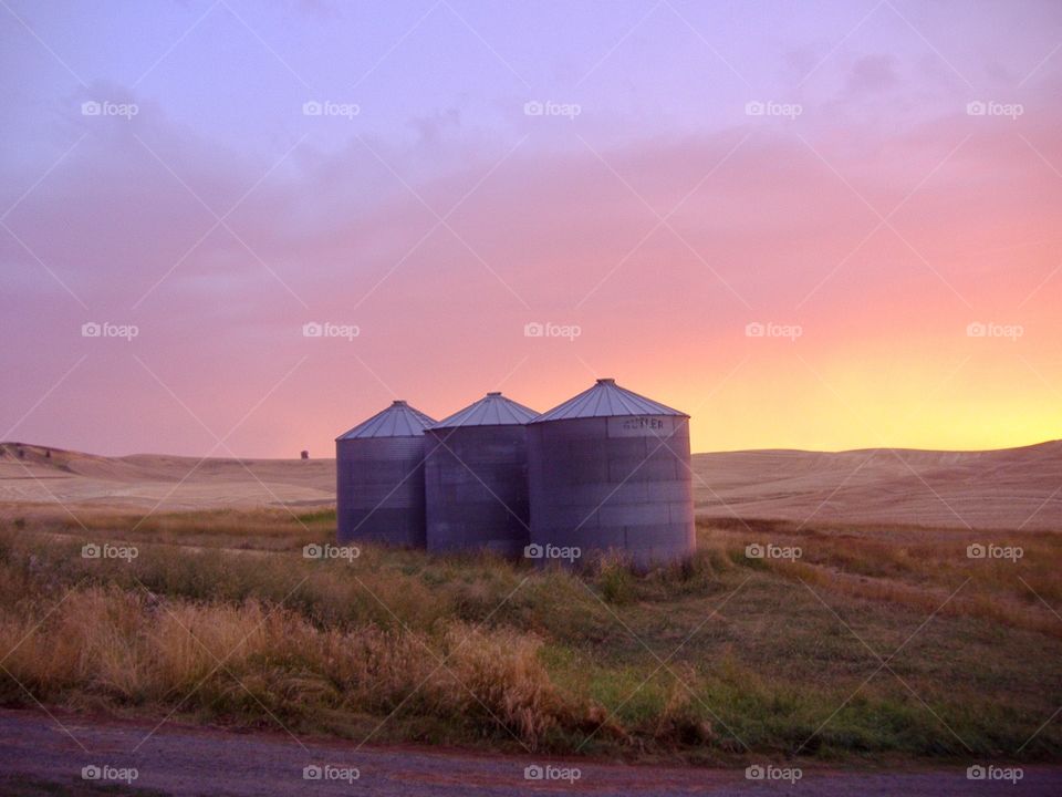 Grain silos in the sunset 