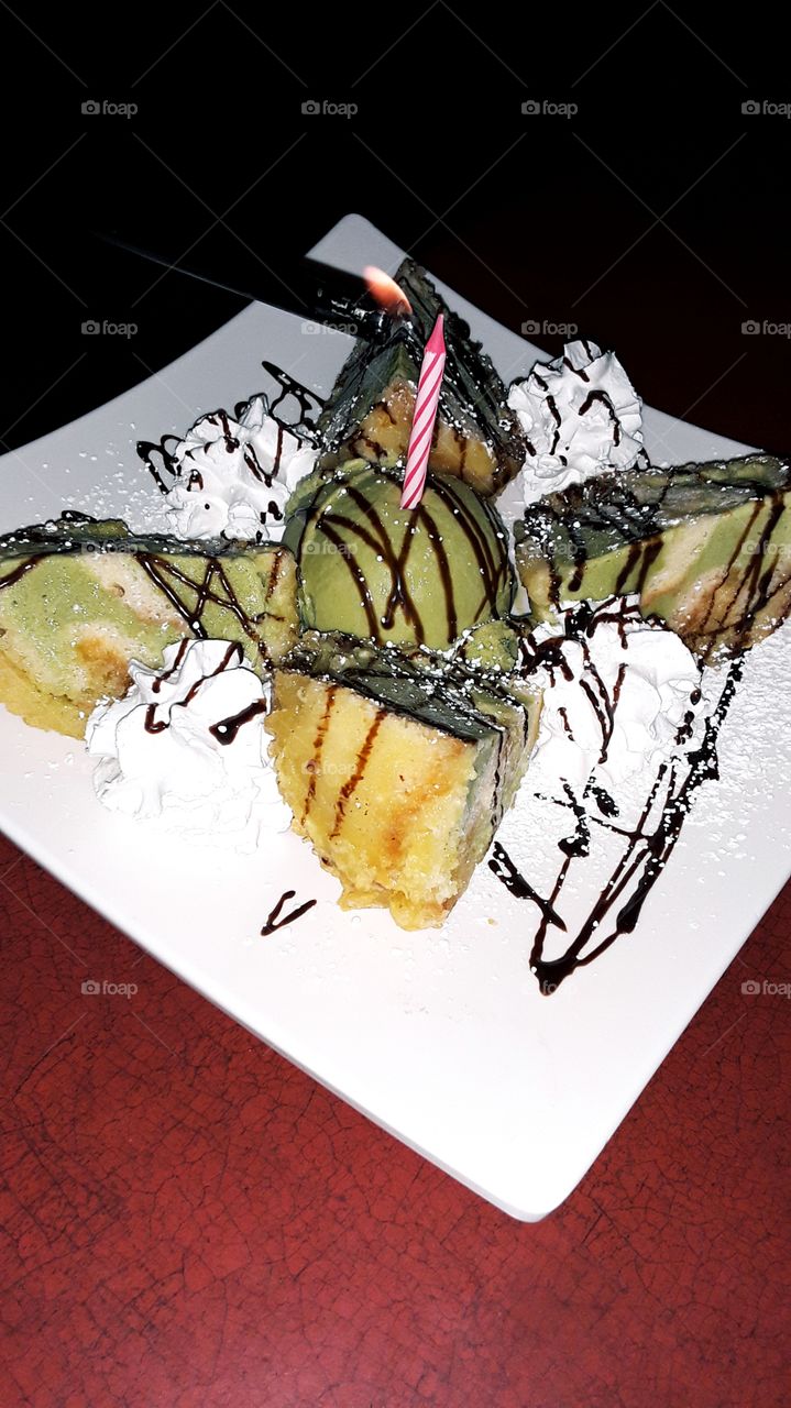 Tempura green tea ice cream cake.