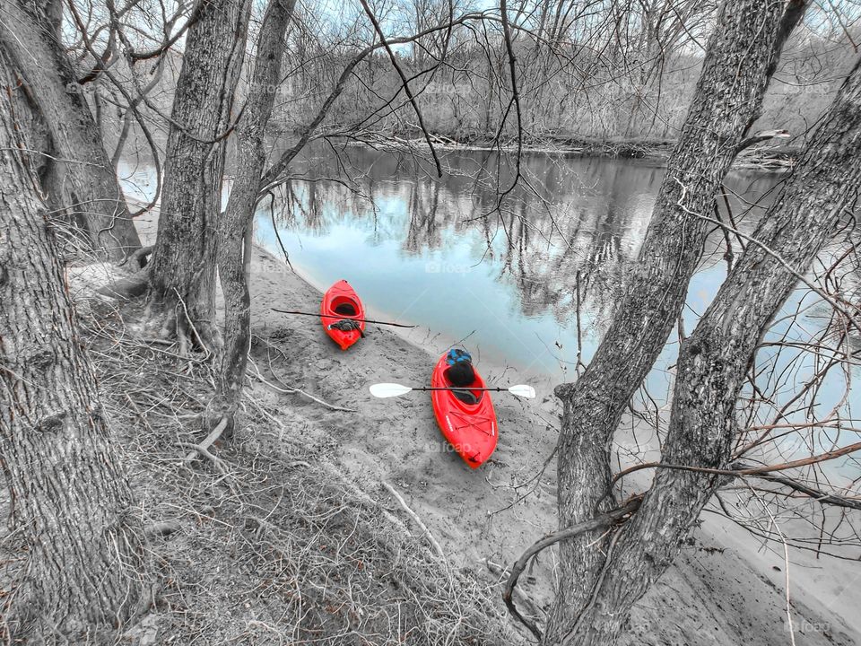 Beached kayaks Color Splash black-and-white