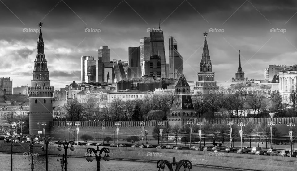 Moscow City and Kremlin B&W