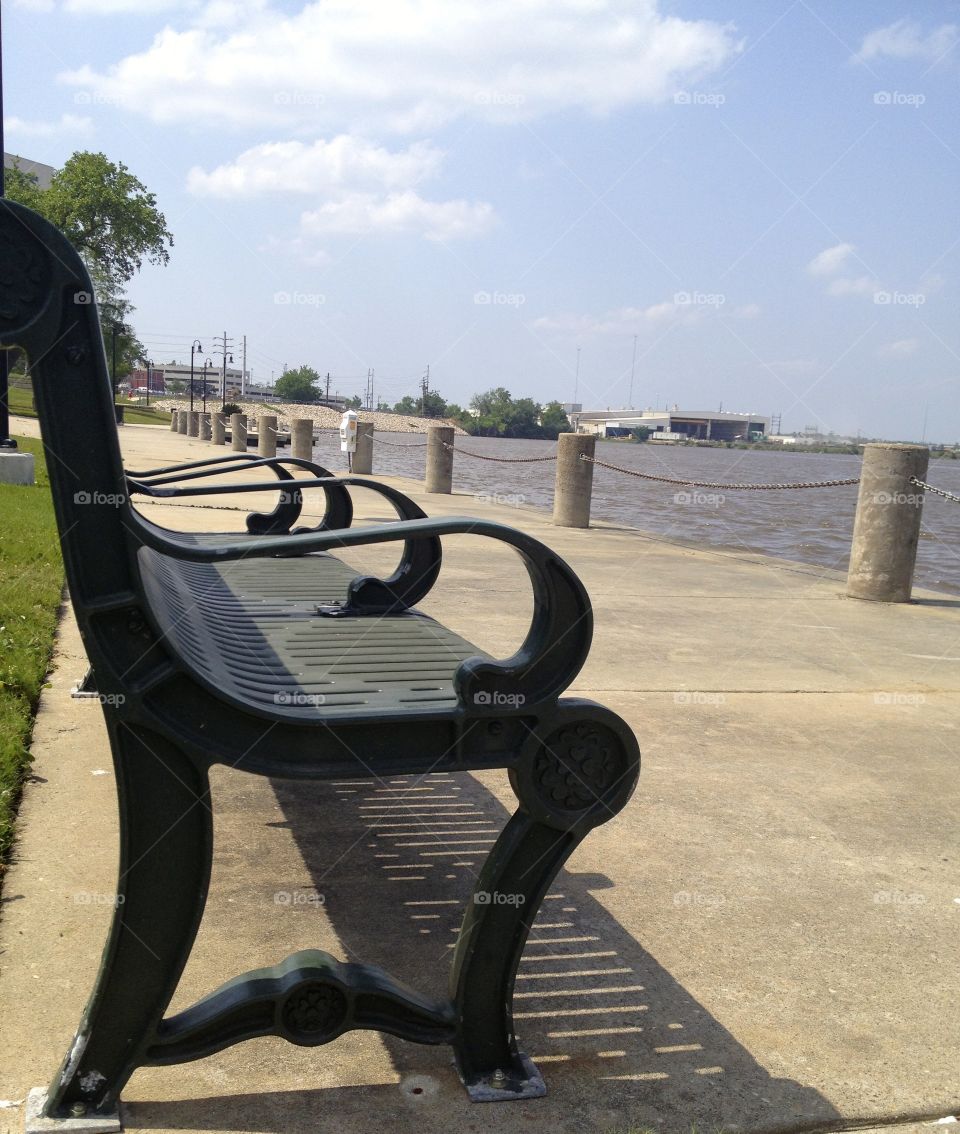 Park bench. On the riverwalk