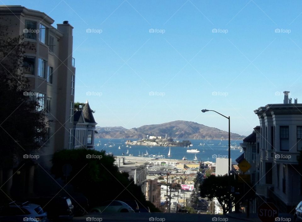 San Francisco city street, Alcatraz Island. San Francisco California