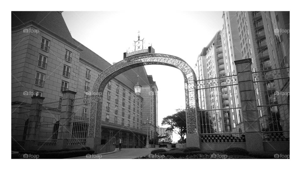 Black and White Dallas. archway in Uptown Dallas, TX at the Crescent