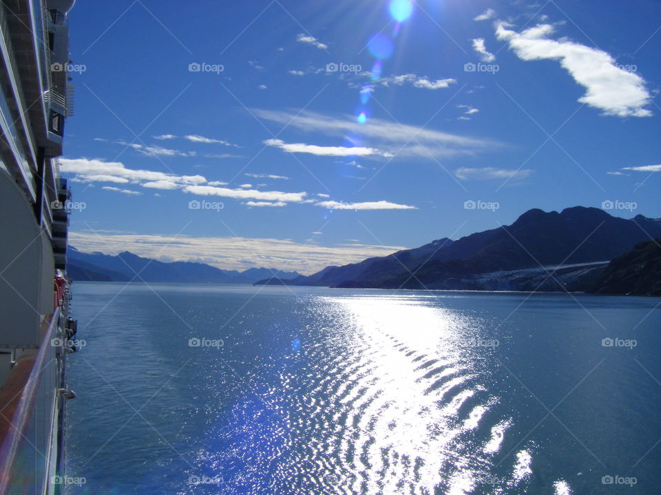 Beautiful Bright Sunny Ocean view 
 from cruise ship travelling the inside passage Canada to Alaska