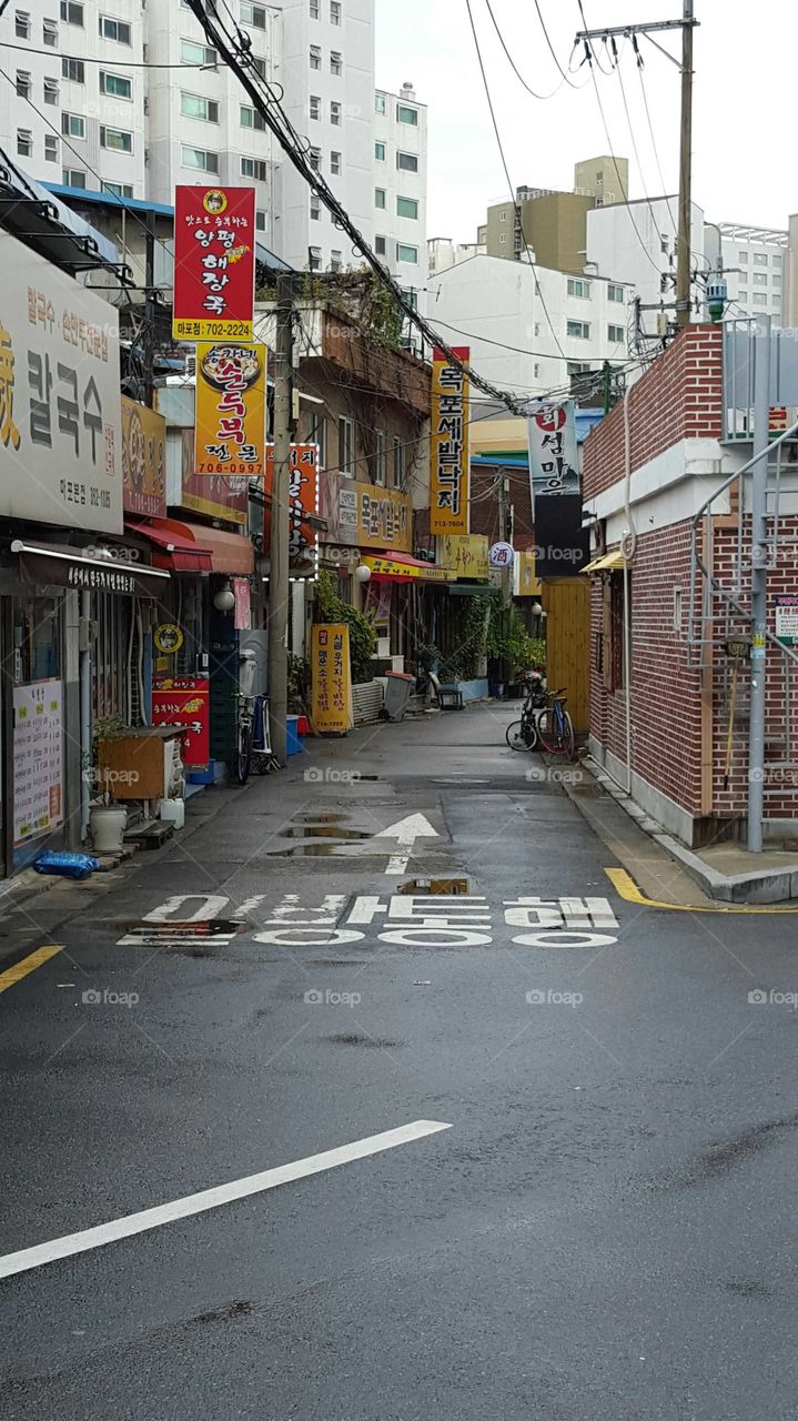 View down narrow alley street in South Korea.