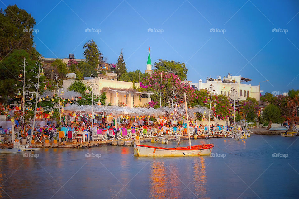 Distant view of tourists in restaurant