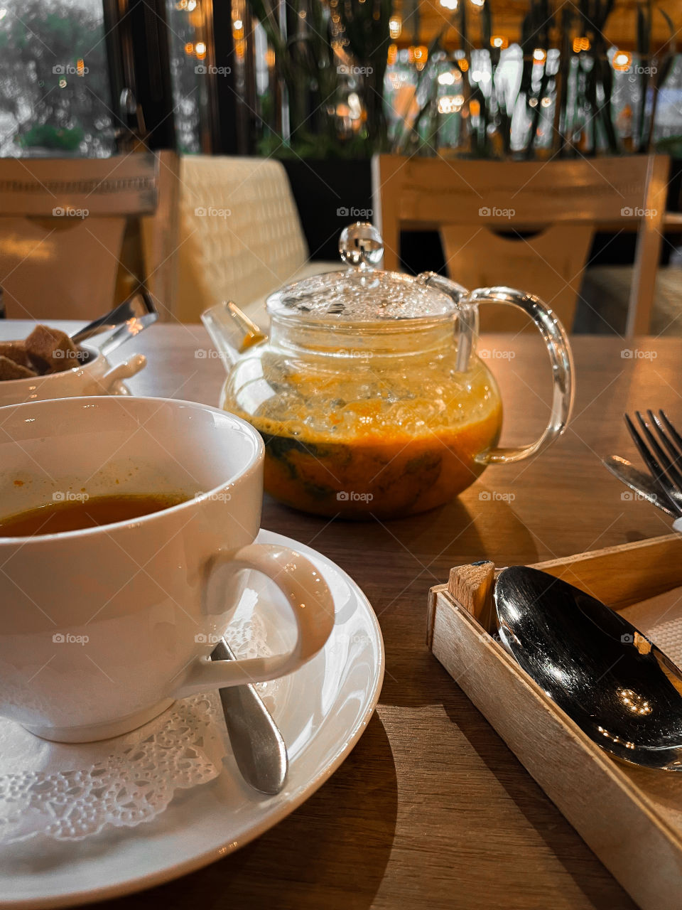 Pasta and buckthorn tea with honey