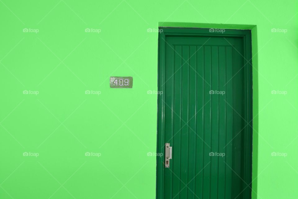 A green door of a green house