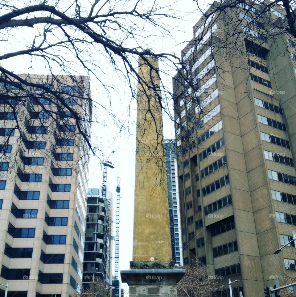 an obelisk amongst tall buildings in Sydney City Cbd