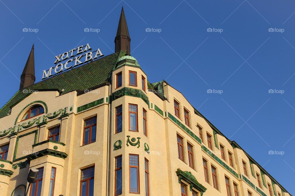 Hotel Moskva in Belgrade.  100-year-old building,  art nouveau style.  Iz is lined with yellow tiles and green ornamental