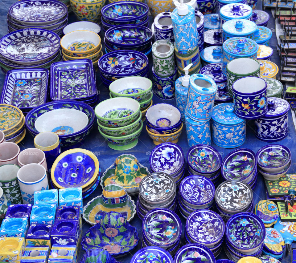 Blue ceramic pottery items for sale in India