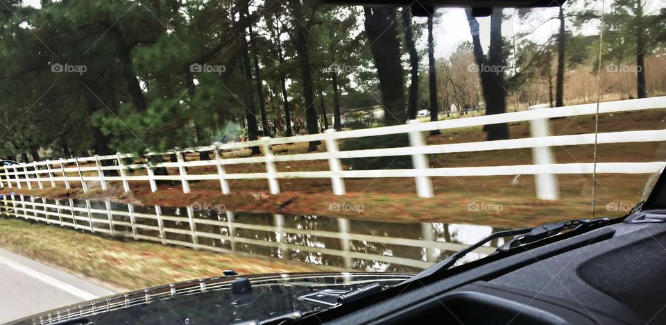 Fence reflected in rainwater.