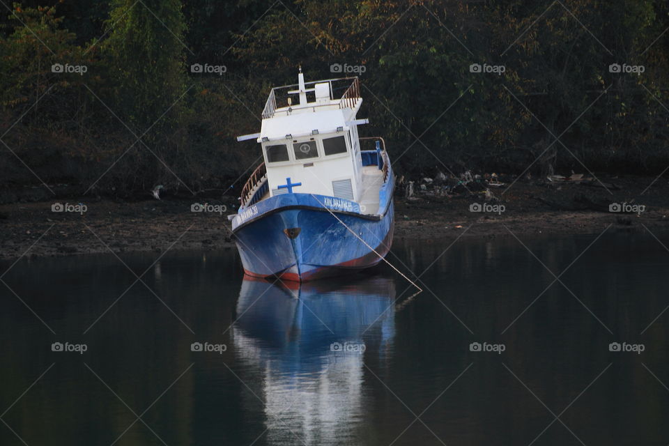 A ship model park to the no one passenger for along of the harbour. A corner site of bay to the lined mangrove.