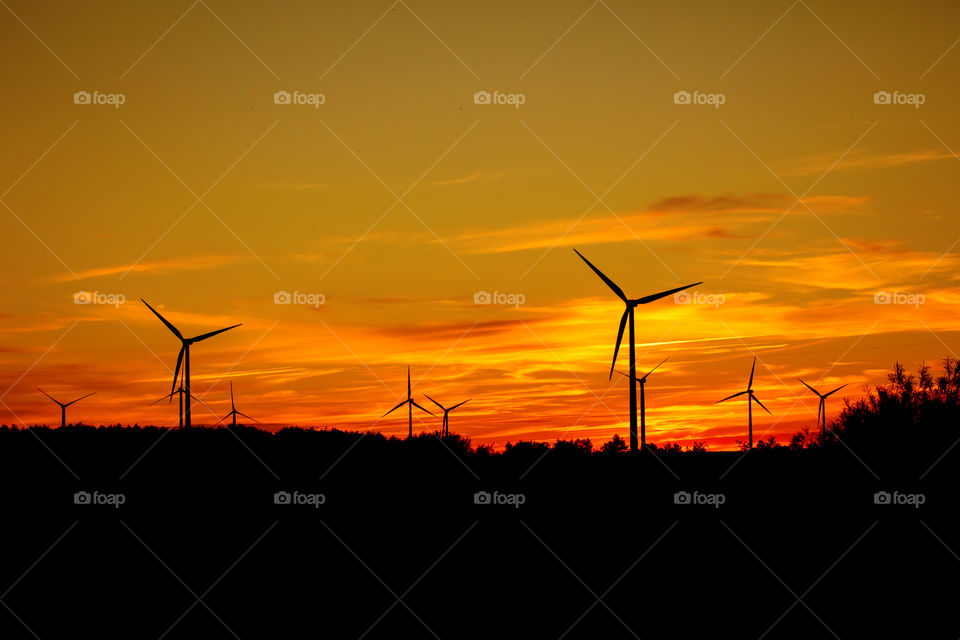 Windmills at sunset. Bay of Puck. Poland