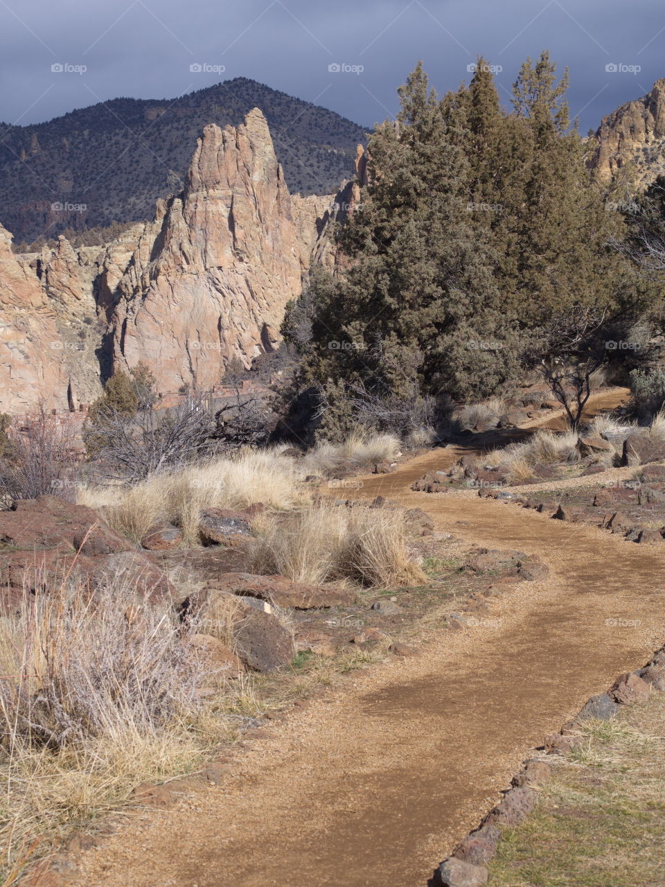 A pathway winds through the rocks, juniper trees, and wild grasses leading to the jagged cliffs at Smith Rocks State Park in Central Oregon with a stormy sky developing. 