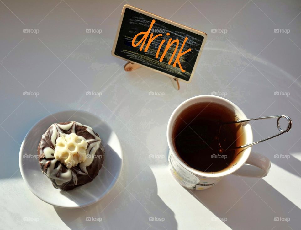 love drink cup of tea and cake top view white background