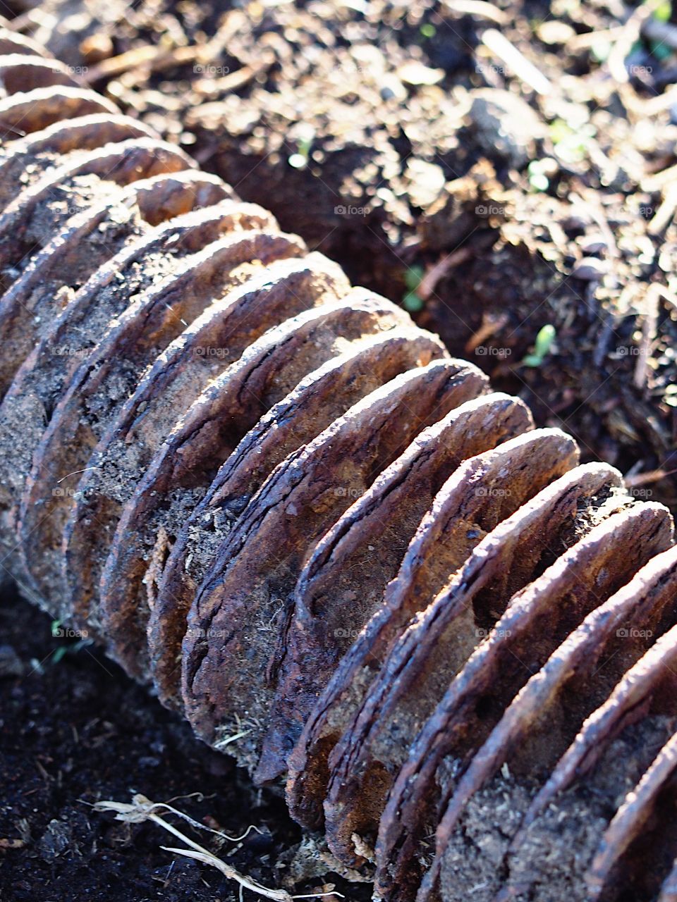 A large rusted fastener showing the history of the area abandoned at an old industrial site converted to a park in Central Oregon. 