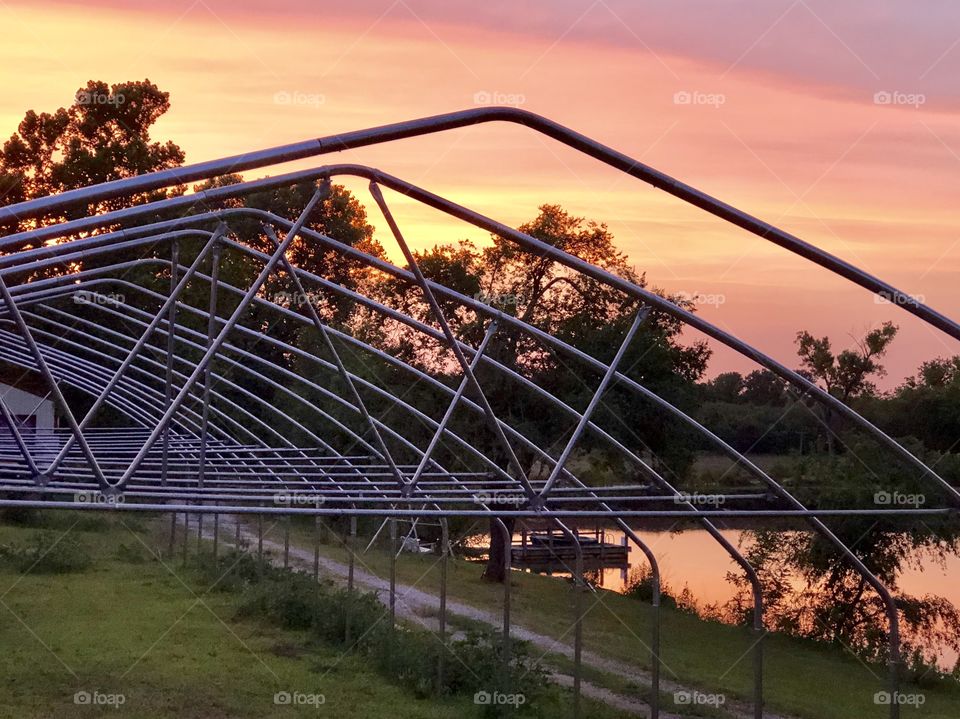 Green House, High Tunnel, Under Construction, Building, Sunset, Holiday Lake, Missouri, Lafayette County, Steel, Lake, Reflection, Grass, Dock