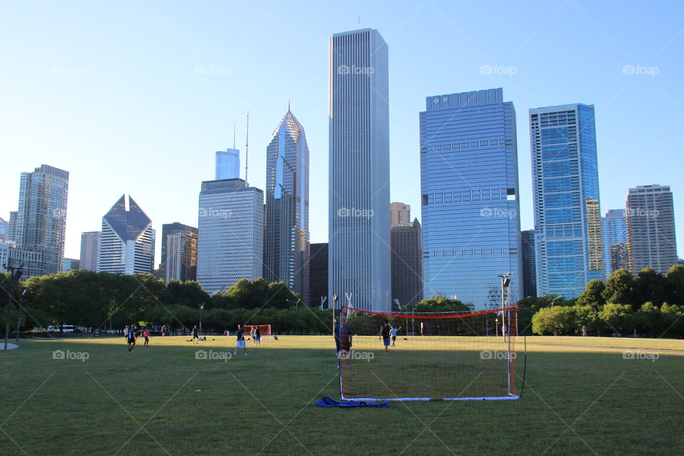 Afternoon soccer game in downtown  Chicago