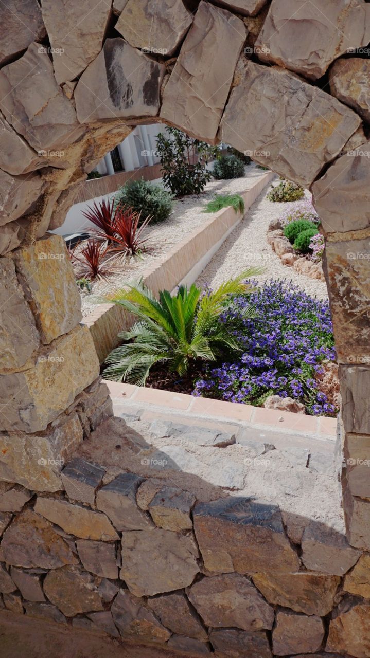 Window#stones#flowers#plants#garden#colors#nature