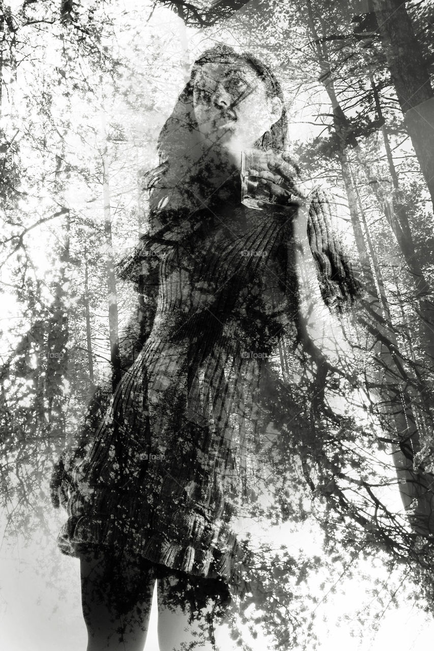 double exposure woman portrait and deep forest