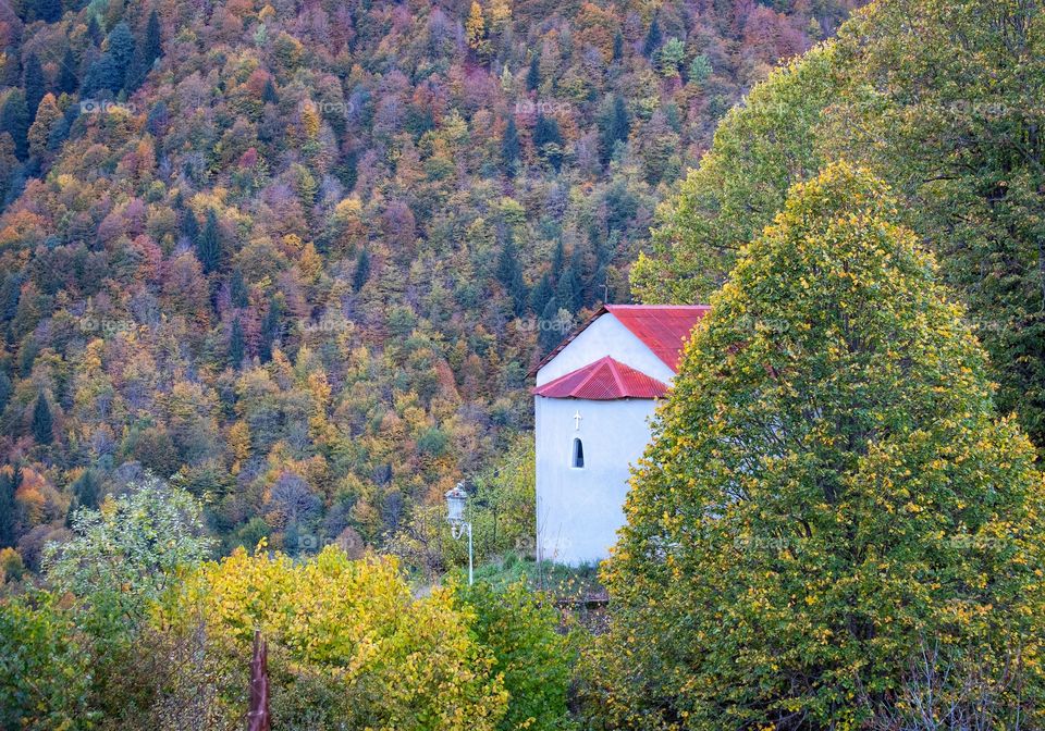 Colorful autumn scene of mountain scape along the way in Georgia 