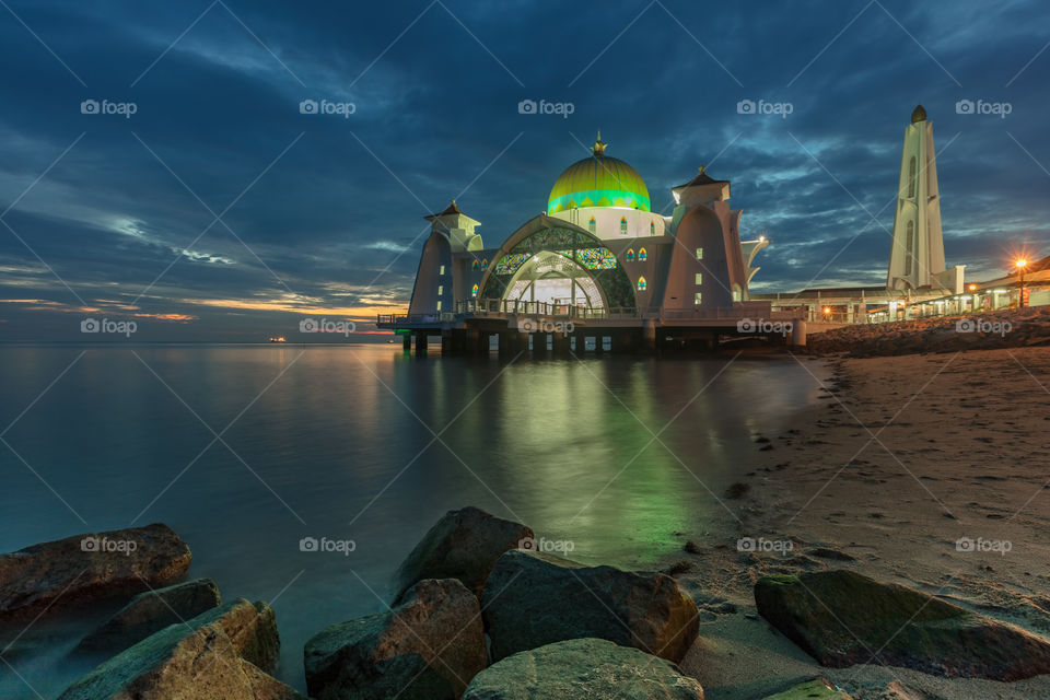 Floating mosque of Melaka lit up in the blue hour