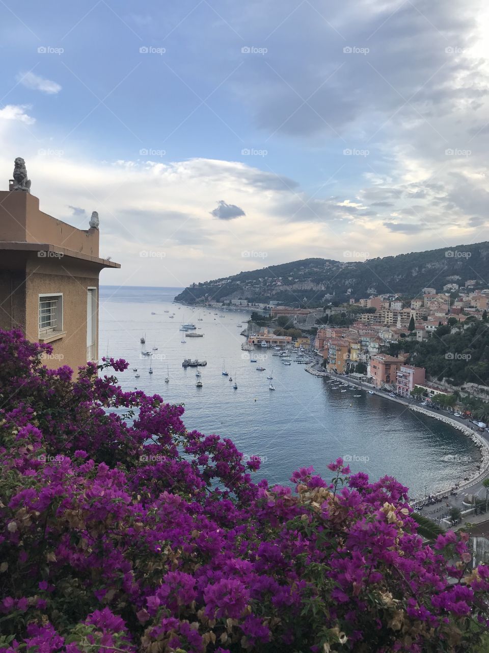 French riviera landscape with sea, boat, and pink flower