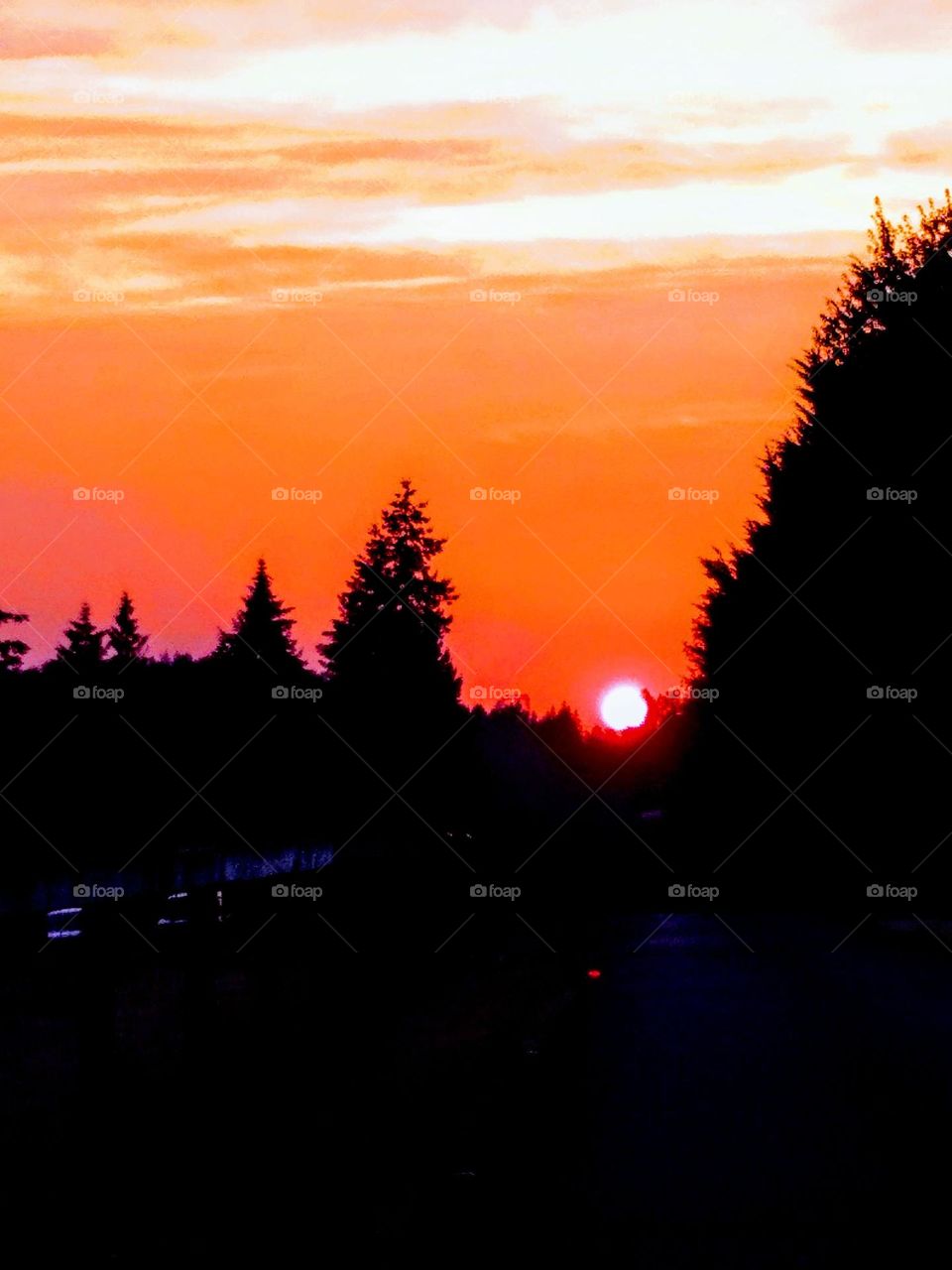 The sun slowly dipping below the hill of trees with a bright orange and yellow sunset that is breath taking