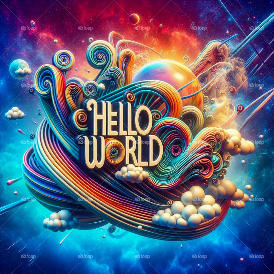 Stellar Salutation
Embark on a celestial journey with this vibrant illustration, where the timeless greeting “Hello World” is emblazoned across the cosmos. Surrounded by a tapestry of stars, galaxies, and cosmic swirls.
