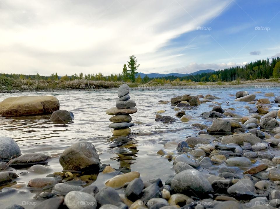 Stoned stacked in the river located in the foothills of Alberta