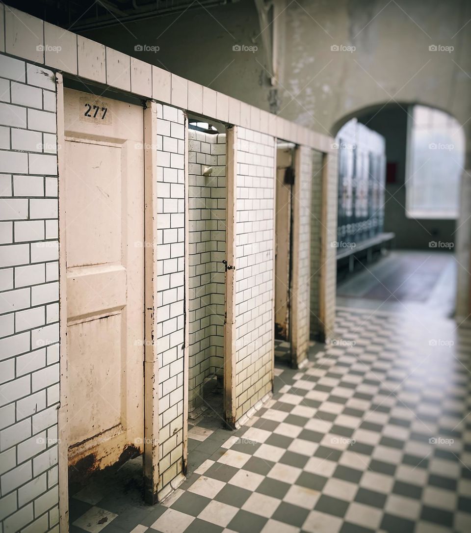 Shower cabins in an abandoned coal mining facility 