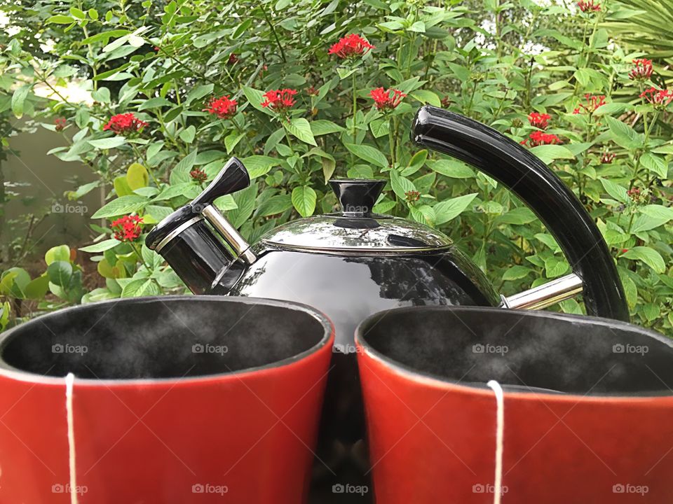 Steaming hot tea in a garden setting.