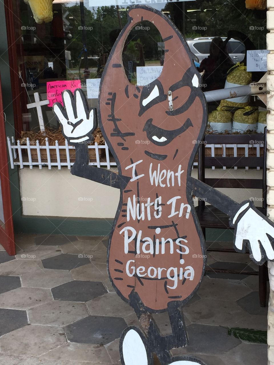 Georgia peanut sign in the city of Plains, Georgia outside of a novelty store with Plains peanut icecream and fudge inside.