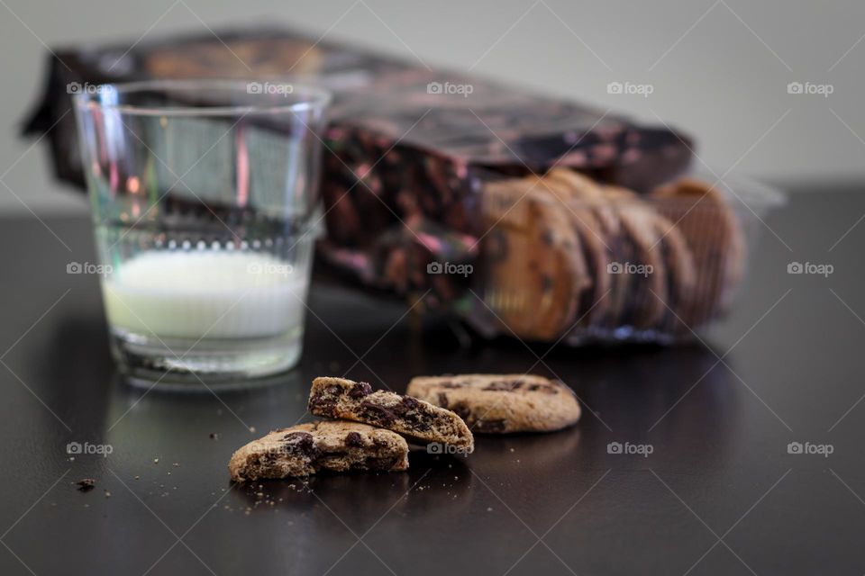 Chocolate chips cookies and milk