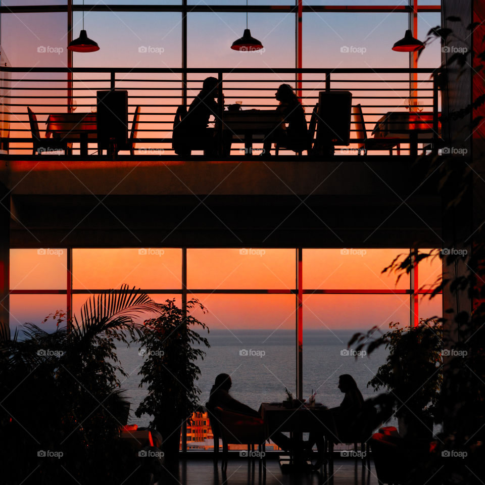 Amazing colorful sunset view at restaurant